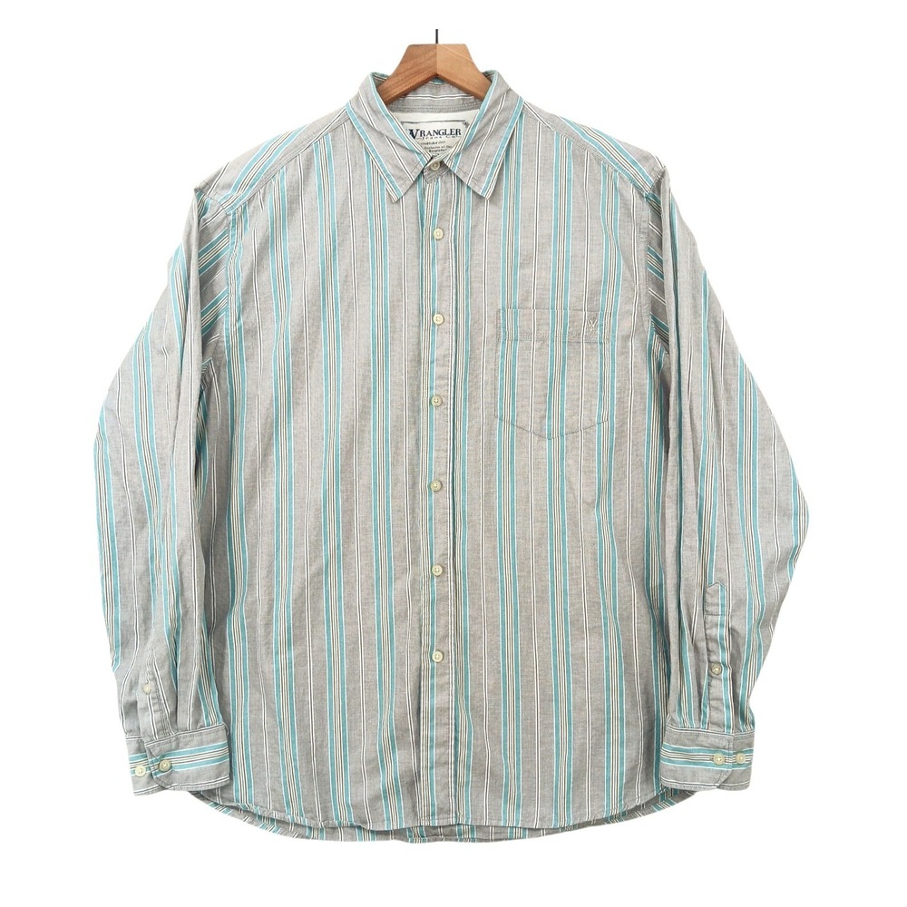 Wrangler Jeans Co Shirt Mens XL Gray Blue Striped Lightweight Long Sleeve Pocket